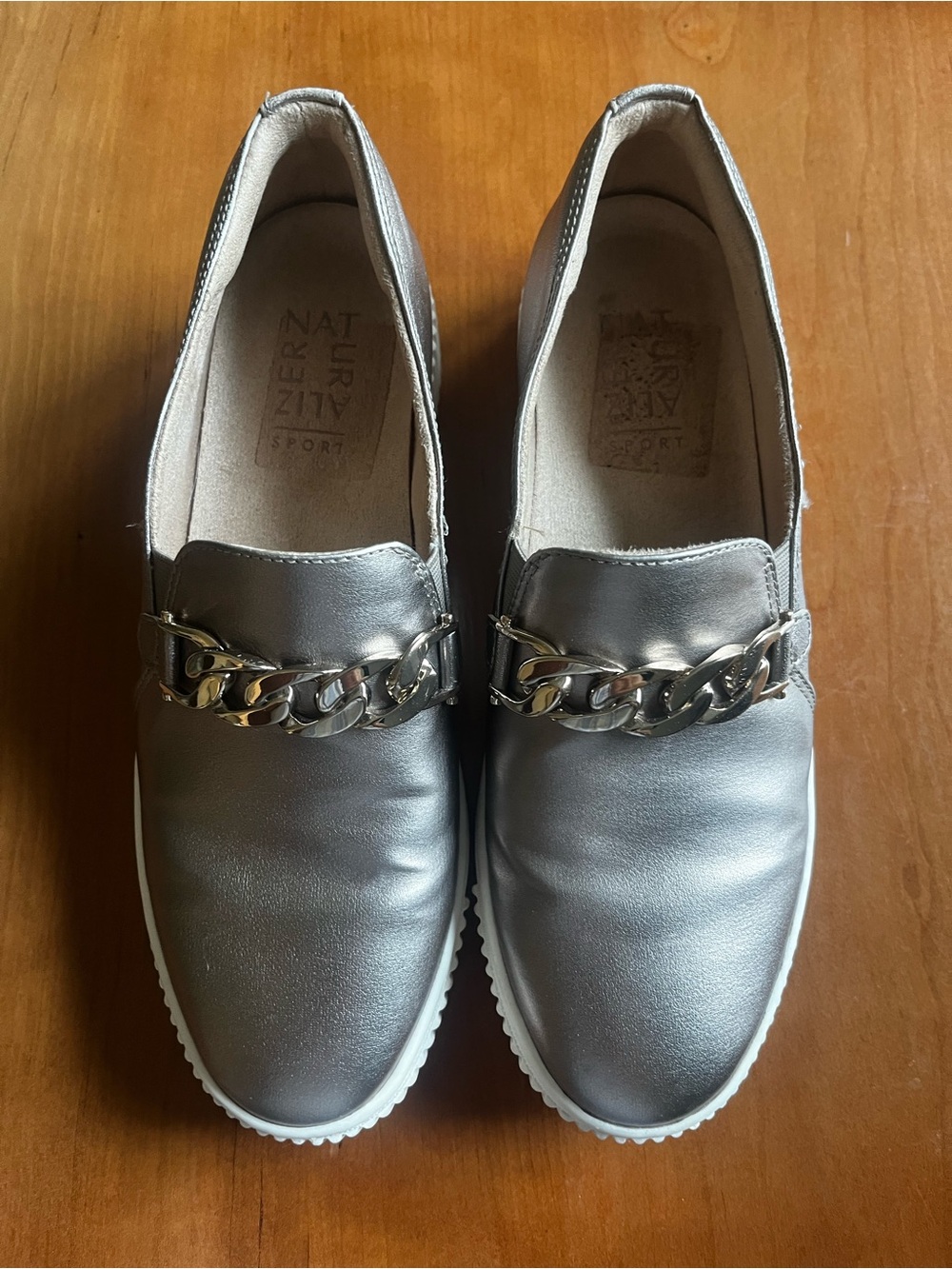 Naturalizer Silver Slip-On Mules with Gold Chain Accent